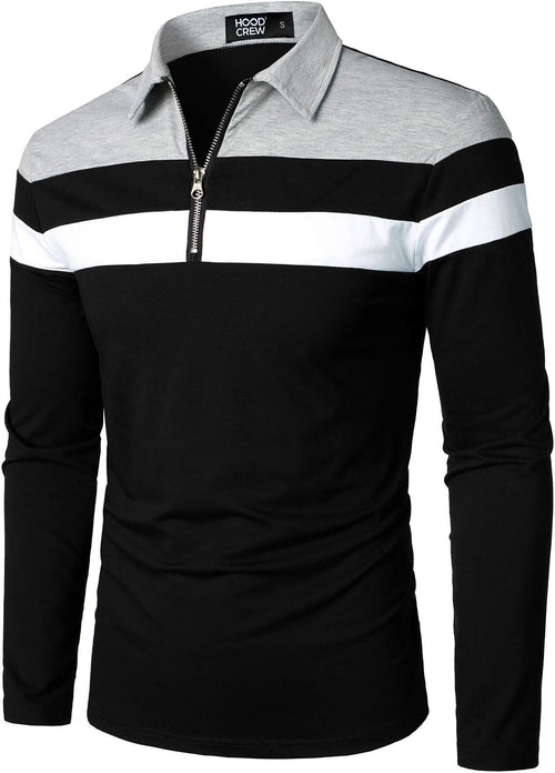 Long Sleeve Polo Shirts Patchwork Cotton