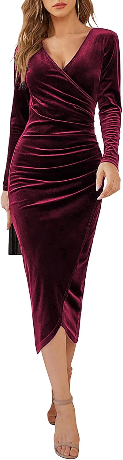 Maxi Dresses for Women UK Velvet Ruched V-Neck Dress Bodycon Split Dress Slit Wrap Dress Elegant Wedding Cocktail Party Dress Fall Winter