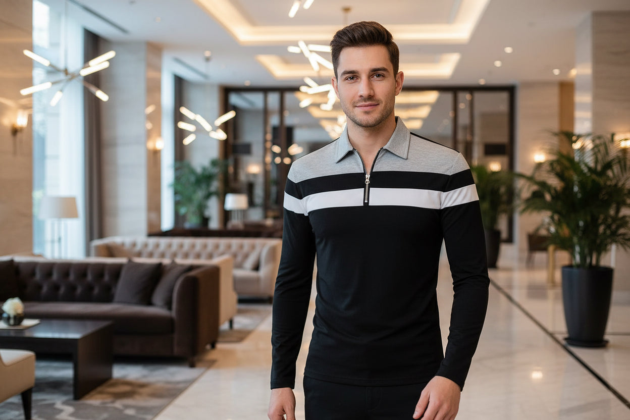 Long Sleeve Polo Shirts Patchwork Cotton