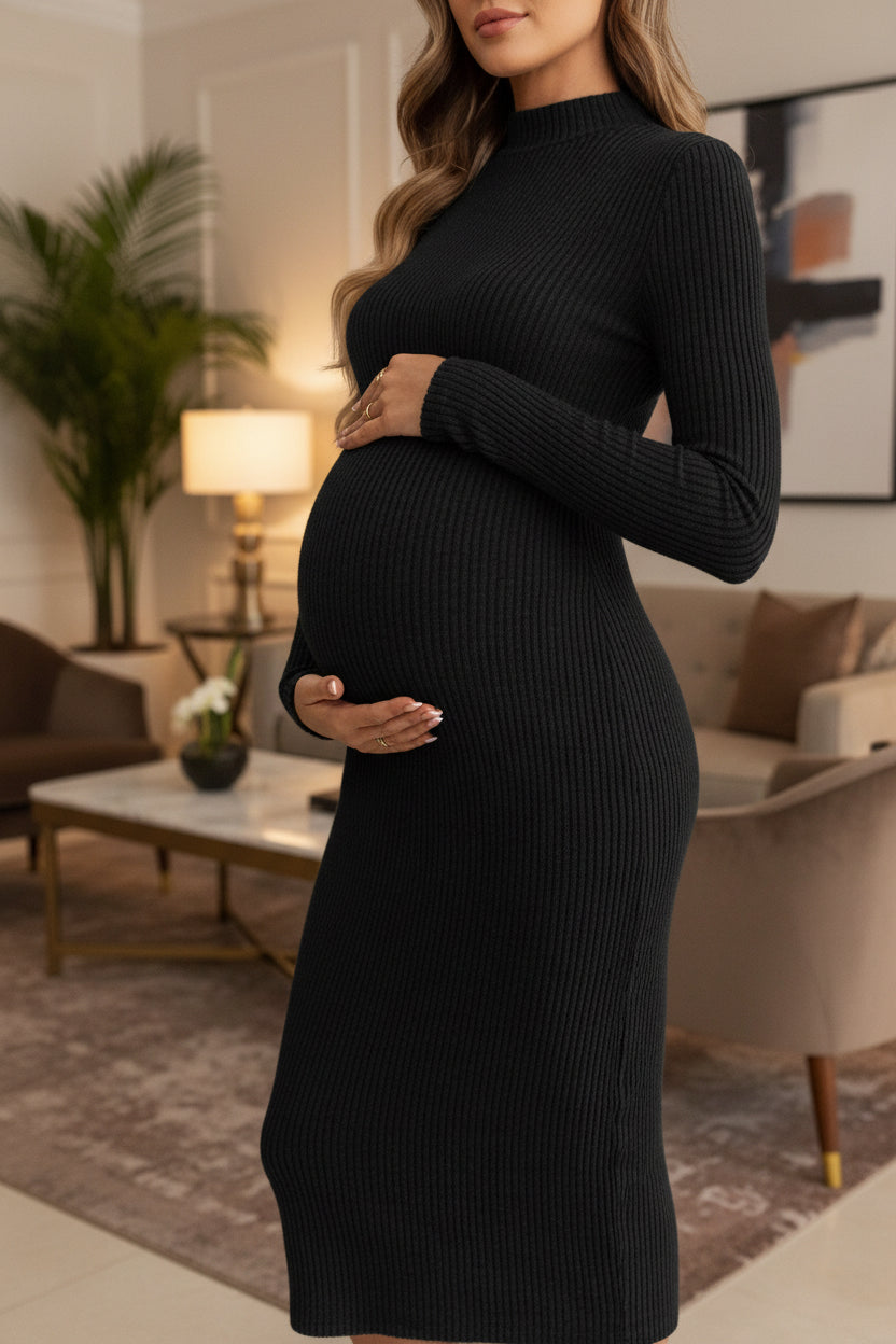 Women'S Maternity Ribbed Knit Mock Turtle Neck Dresses Long Sleeve Bodycon Midi Pregnancy Dress