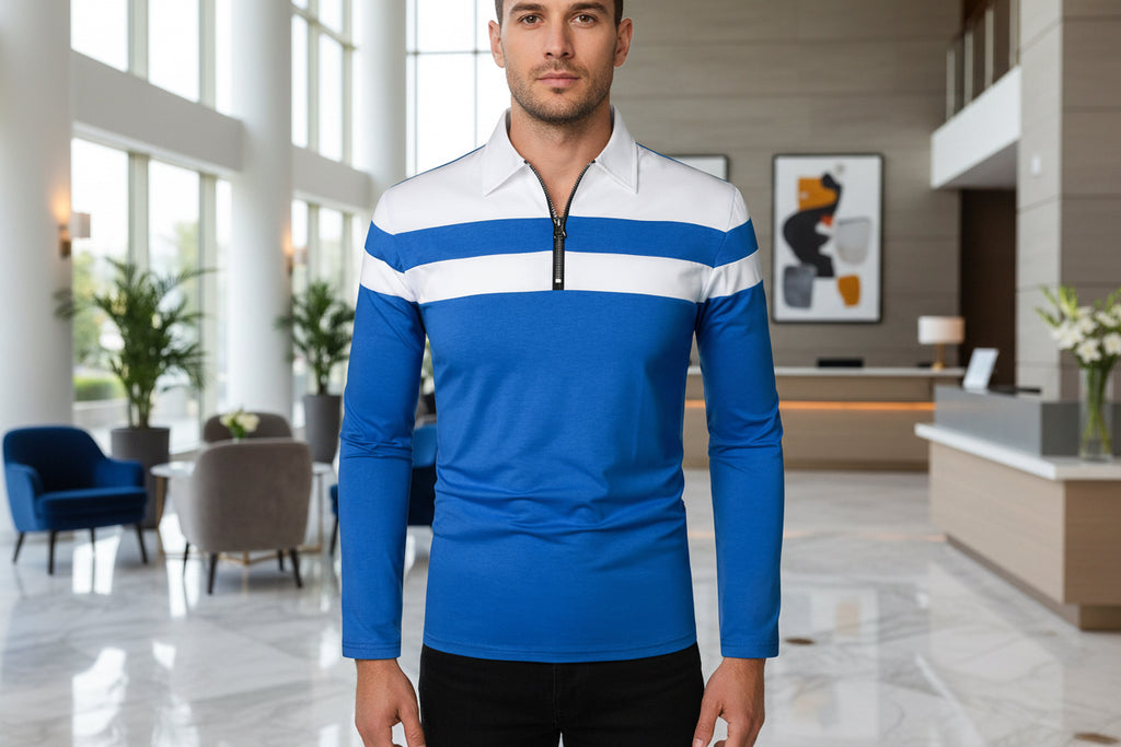 Long Sleeve Polo Shirts Patchwork Cotton