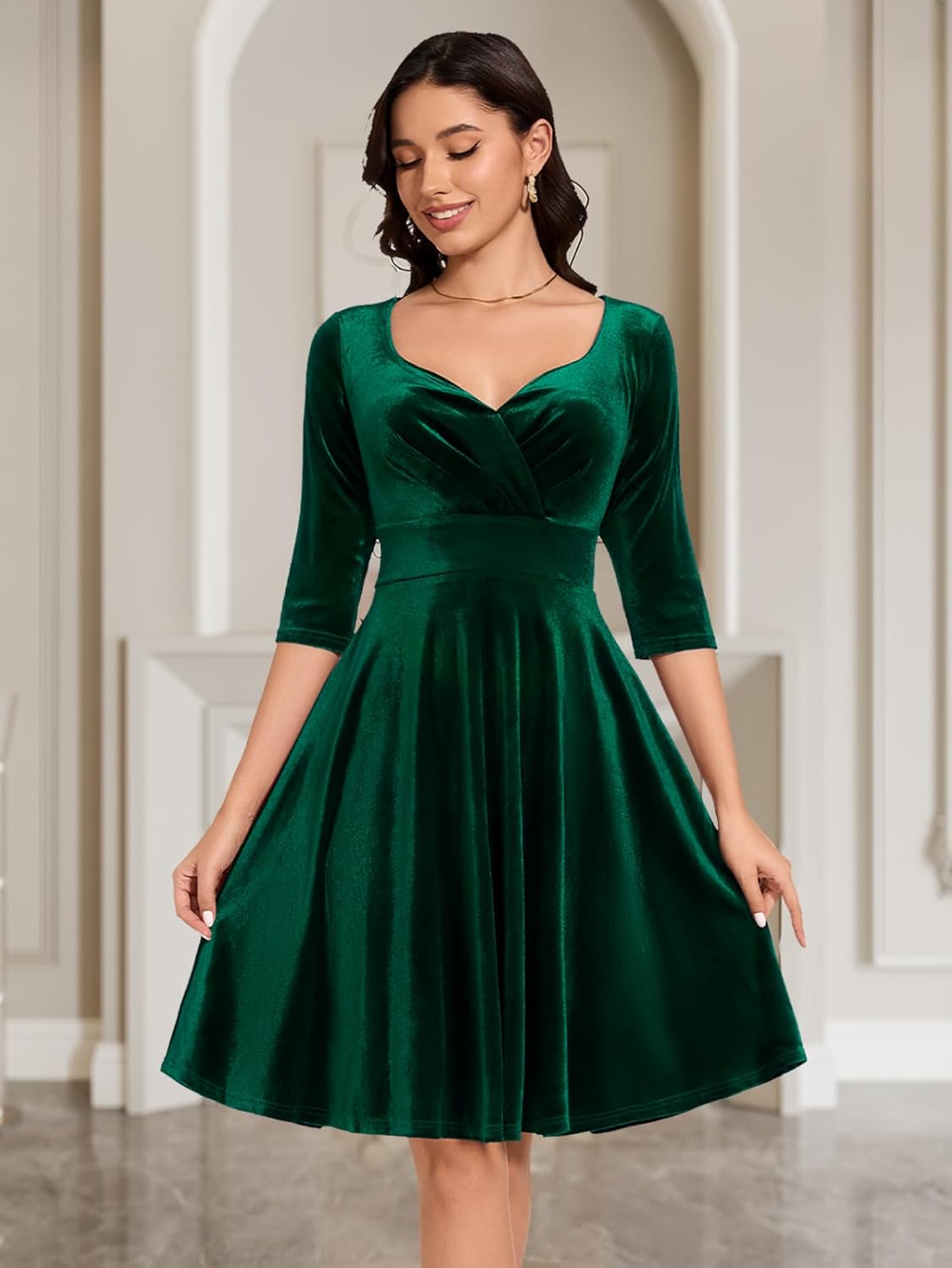 Women'S Velvet Christmas Party Dress Long Sleeve a Line Midi Swing Vintage Formal Wedding Cocktail Prom Gown