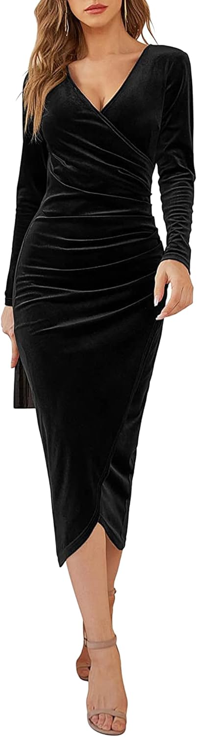 Maxi Dresses for Women UK Velvet Ruched V-Neck Dress Bodycon Split Dress Slit Wrap Dress Elegant Wedding Cocktail Party Dress Fall Winter