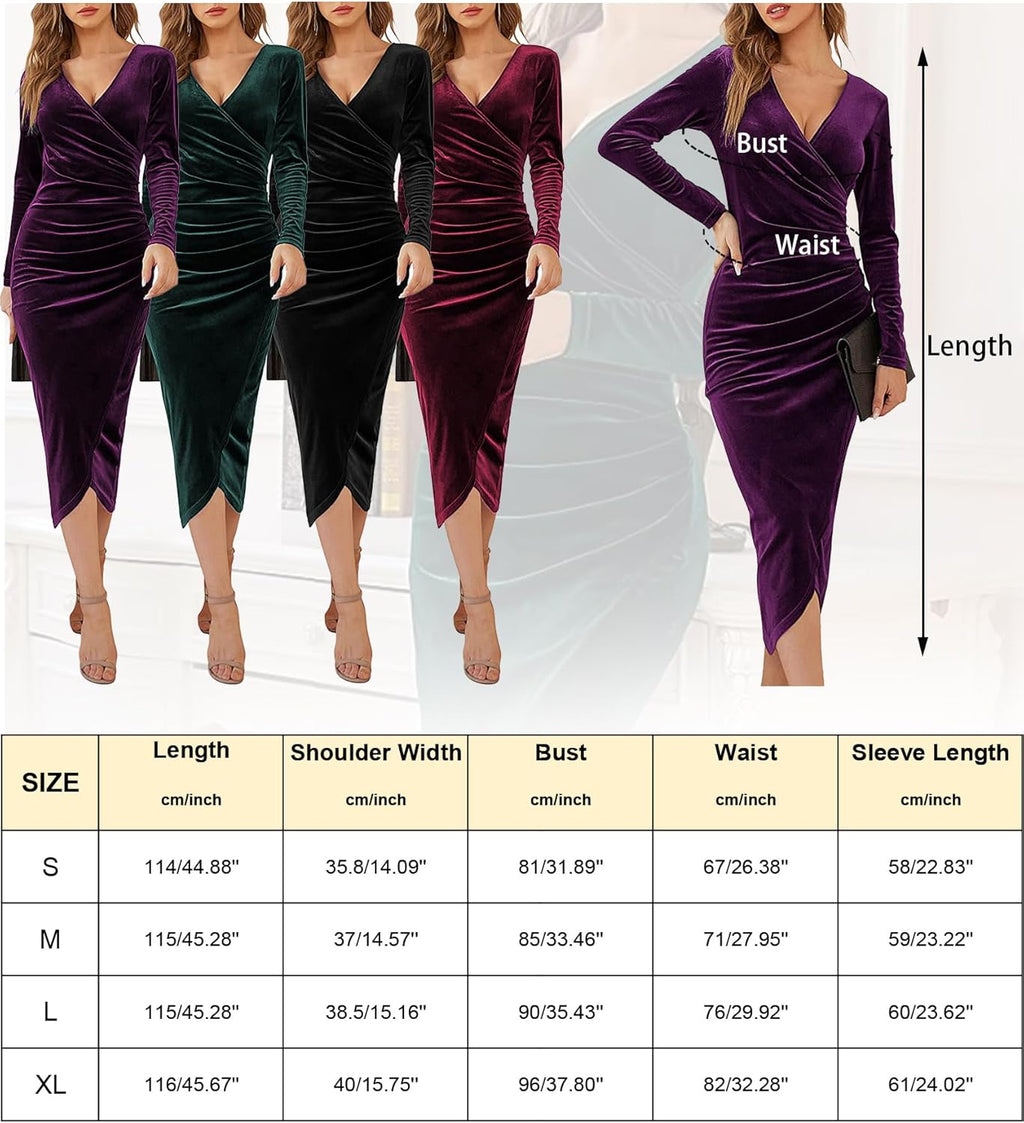 Maxi Dresses for Women UK Velvet Ruched V-Neck Dress Bodycon Split Dress Slit Wrap Dress Elegant Wedding Cocktail Party Dress Fall Winter