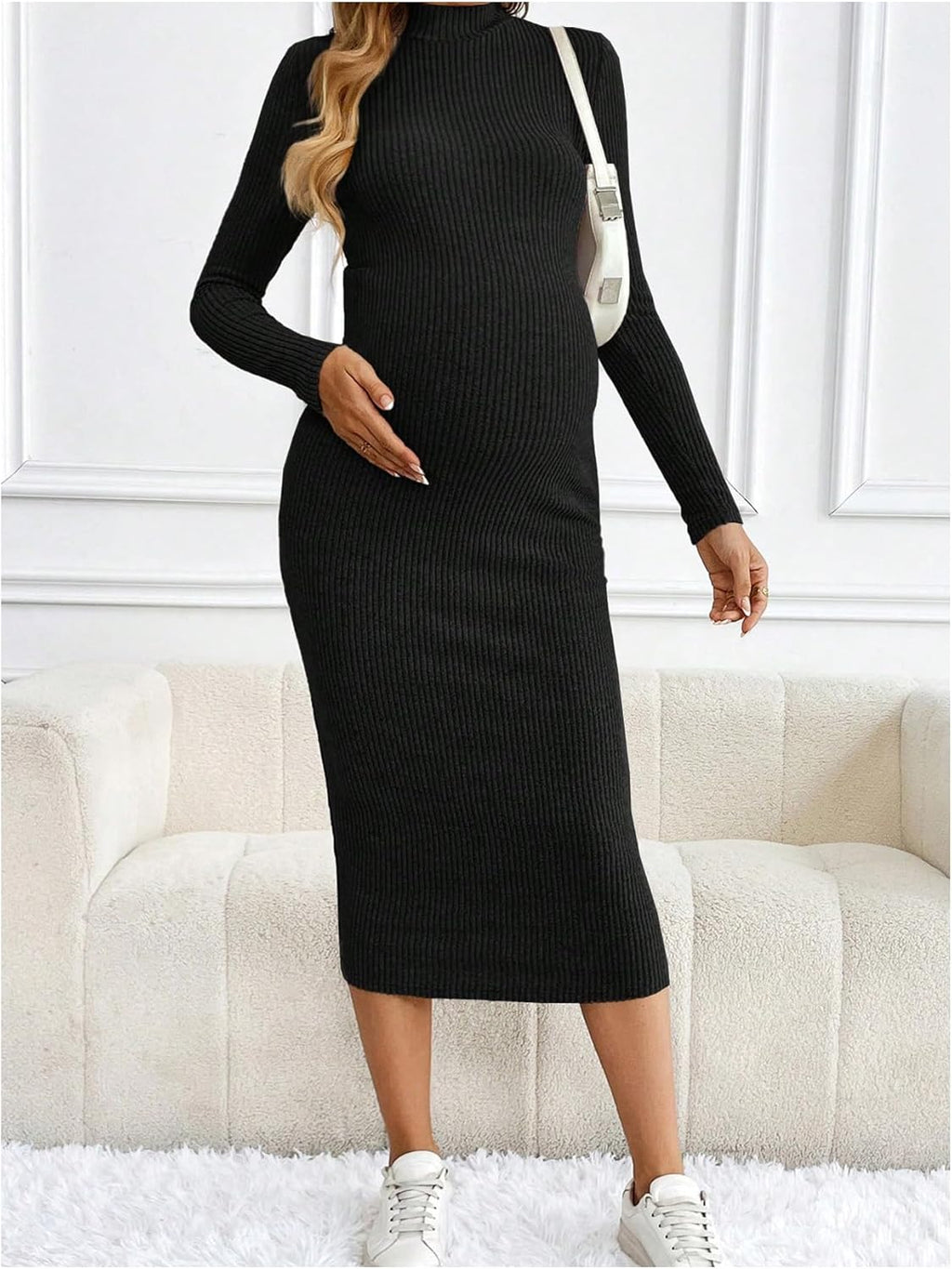 Women'S Maternity Ribbed Knit Mock Turtle Neck Dresses Long Sleeve Bodycon Midi Pregnancy Dress
