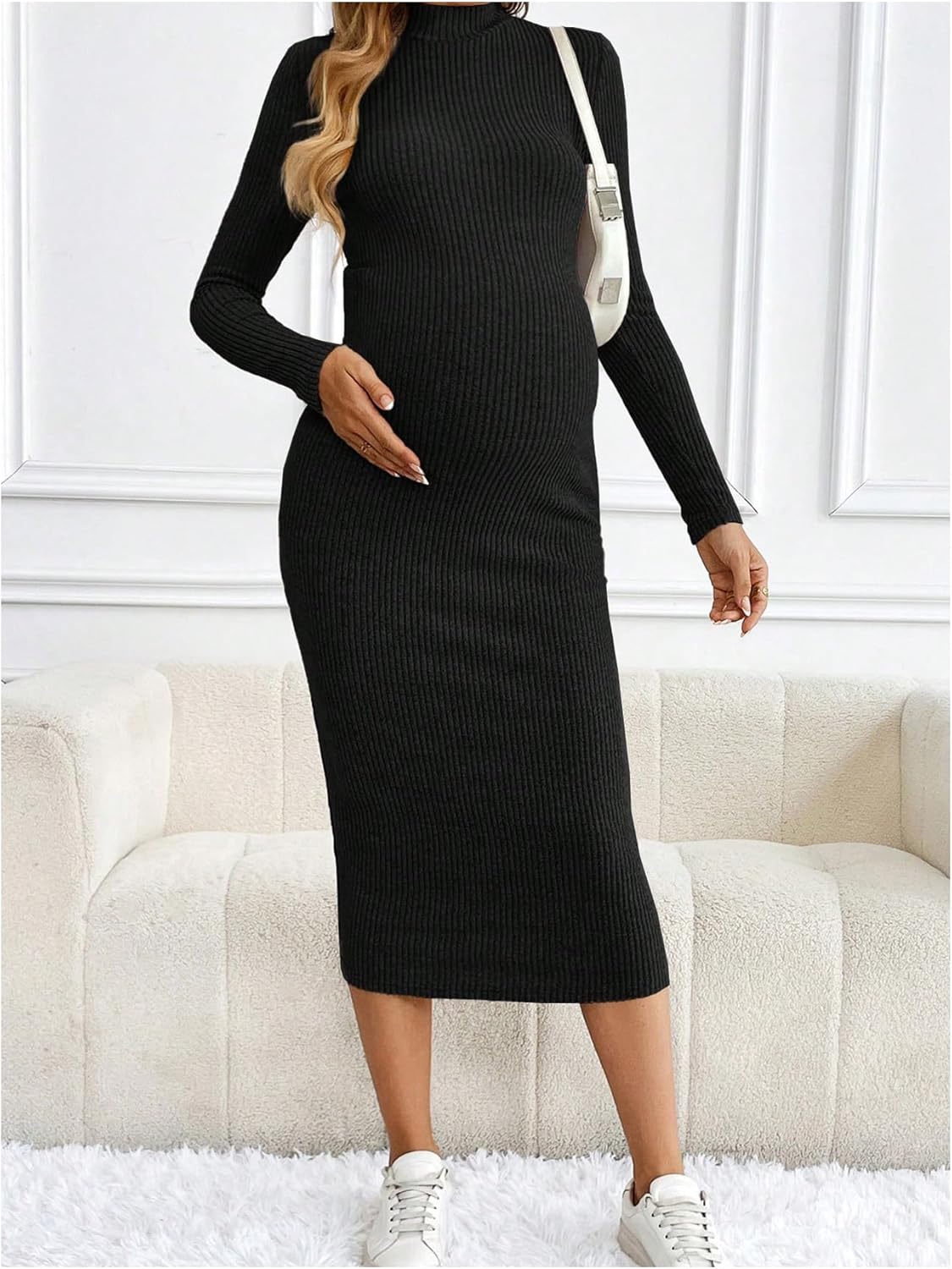 Women'S Maternity Ribbed Knit Mock Turtle Neck Dresses Long Sleeve Bodycon Midi Pregnancy Dress