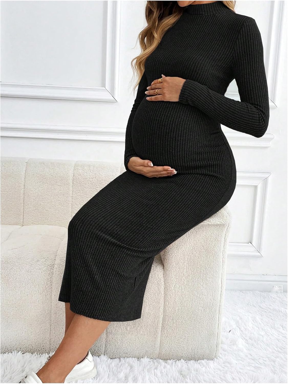 Women'S Maternity Ribbed Knit Mock Turtle Neck Dresses Long Sleeve Bodycon Midi Pregnancy Dress