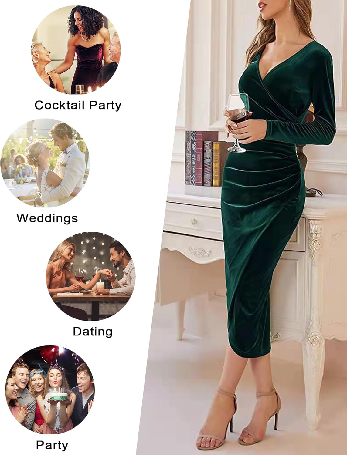 Maxi Dresses for Women UK Velvet Ruched V-Neck Dress Bodycon Split Dress Slit Wrap Dress Elegant Wedding Cocktail Party Dress Fall Winter