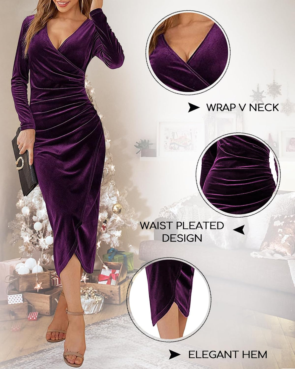 Maxi Dresses for Women UK Velvet Ruched V-Neck Dress Bodycon Split Dress Slit Wrap Dress Elegant Wedding Cocktail Party Dress Fall Winter