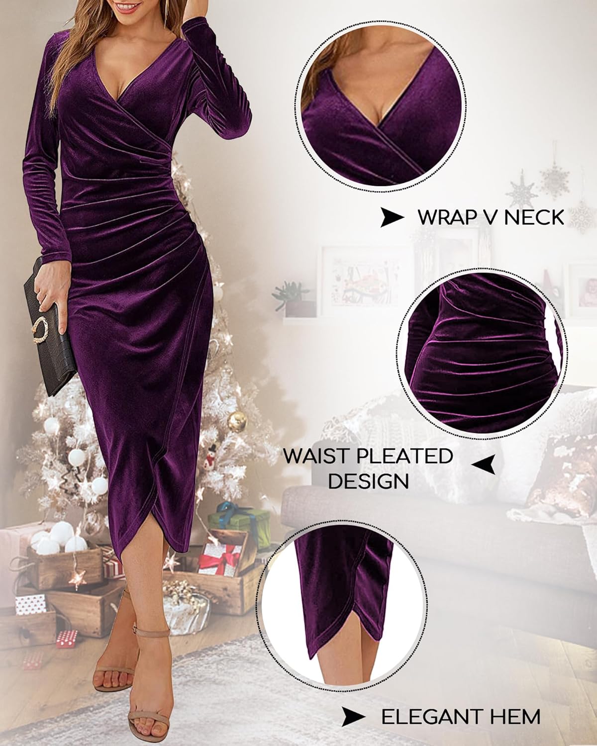 Maxi Dresses for Women UK Velvet Ruched V-Neck Dress Bodycon Split Dress Slit Wrap Dress Elegant Wedding Cocktail Party Dress Fall Winter