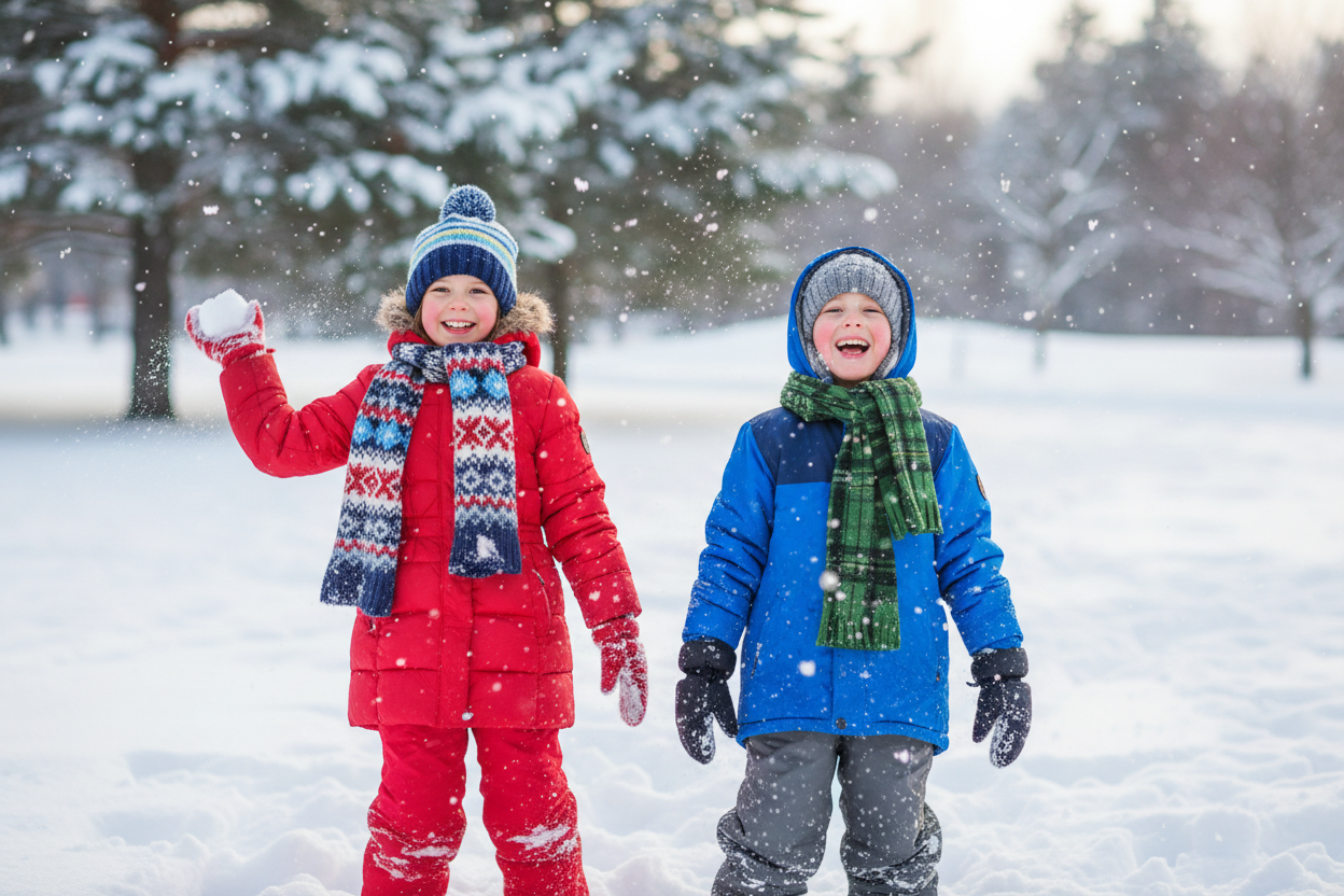 a girl and boy playing in the snow with winter clothing