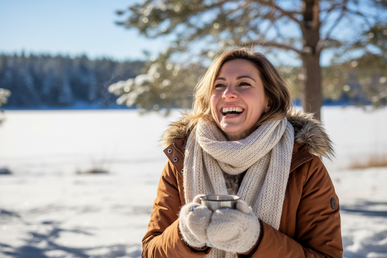 a women in winter clothing laughing