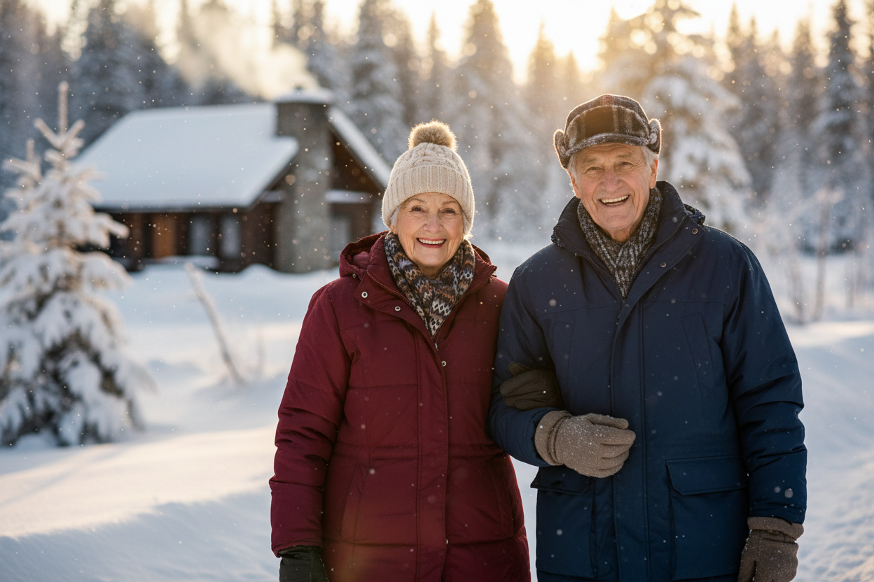 an old lady and a old man in winter clothes smiling