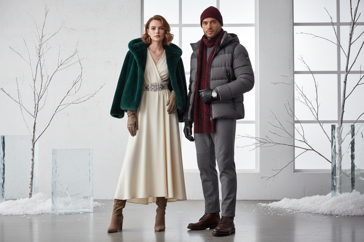 women with winter dress and a man with winter clothes